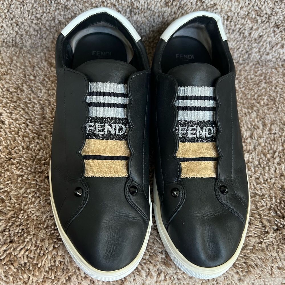 Fendi Black Leather Rockoko Slip-On Sneakers Size 8.5 - Picture 8 of 14